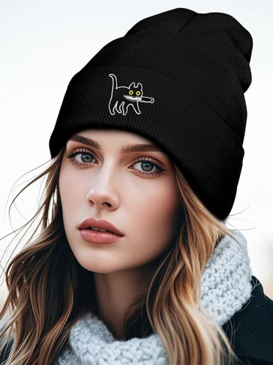 Accessories - Black Cat Embroidered Beanie Hat - Unbranded
